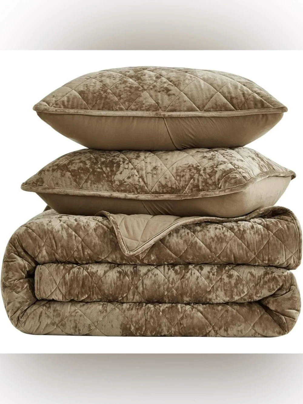 Plush queen 3 piece Quilted Velvet Bedspread Set - Taupe